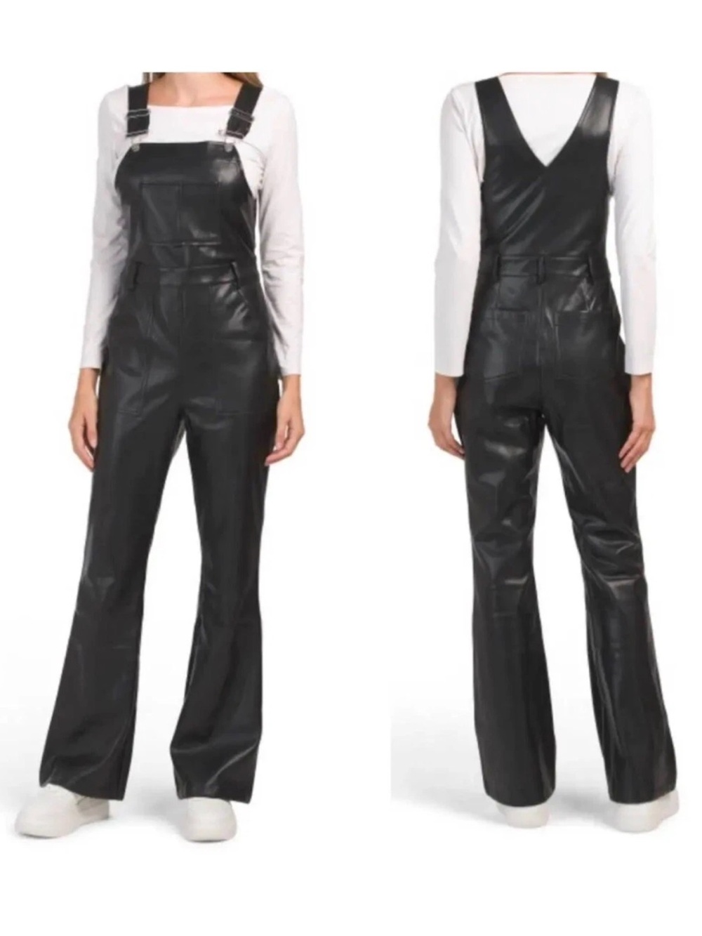 7 FOR ALL MANKIND Women’s Black Faux Leather Flare Overalls Size L NWT